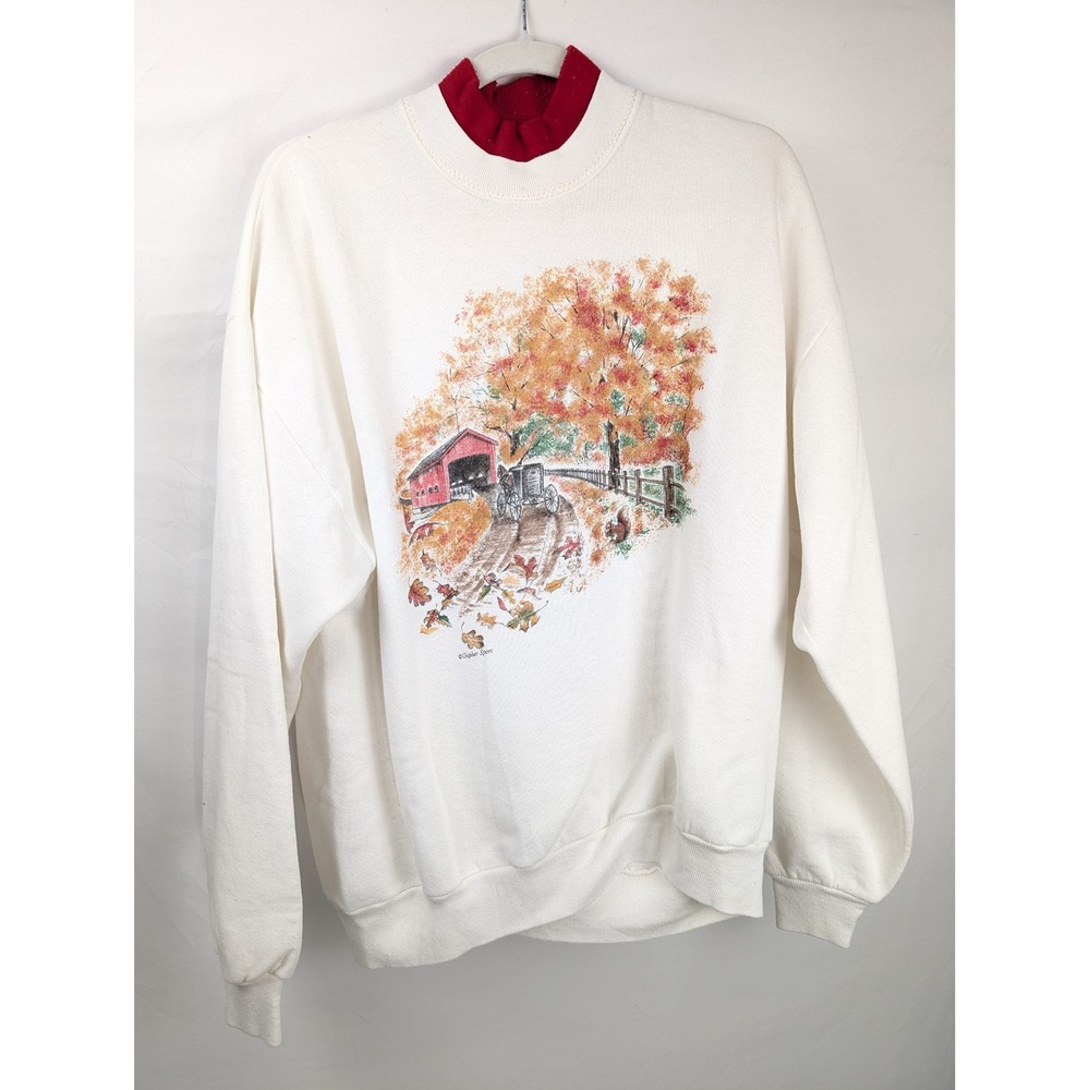 Vintage 90s Fall Leaves Graphic Sweatshirt Size L Cottagecore Covered Bridge